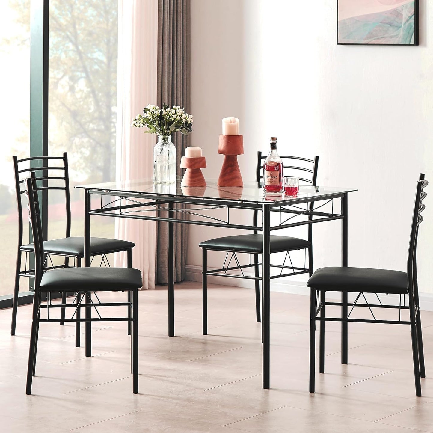 VECELO Kitchen Dining Table and Chairs Set for 4, Padded Seat & Glasses Tabletop, Space Saving, Matte Black