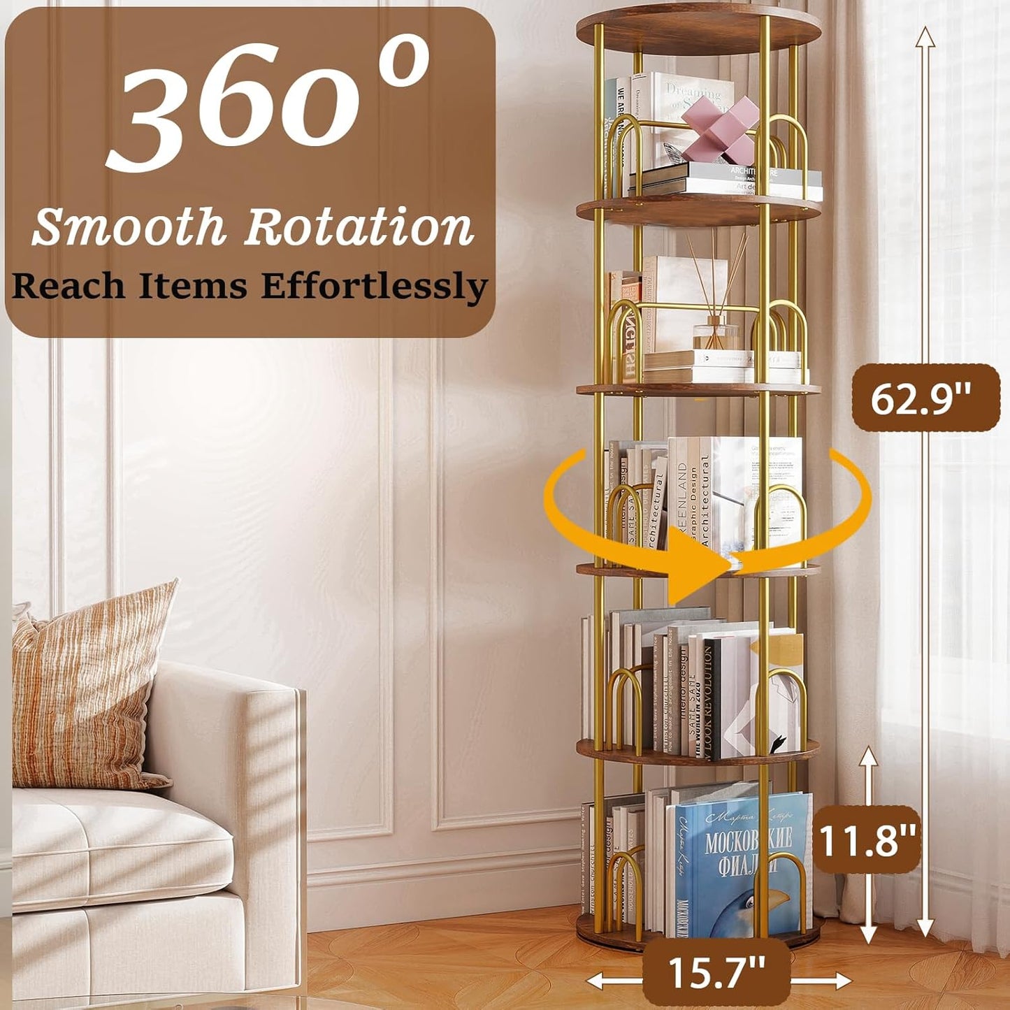 5-Tier Rotating Bookshelf, 360° Round Spinning Book Shelf Tower, Tall Skinny Wood & Metal Bookshelf for Corner/Office/Home, Modern Industrial Vintage Style