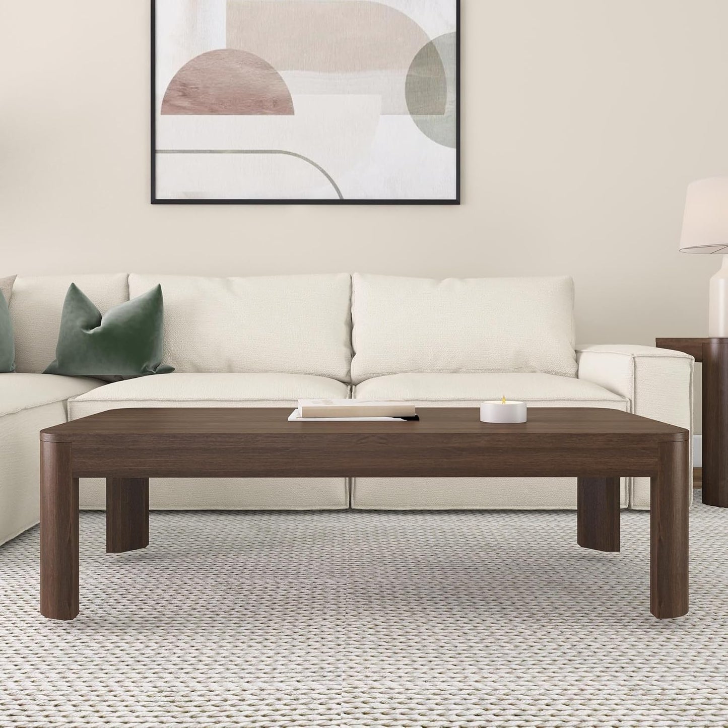 Plank+Beam Modern Rounded Coffee Table, 54 Inch, Solid Wood Contemporary Center Table for Living Room, Rectangle Tea Table, Walnut