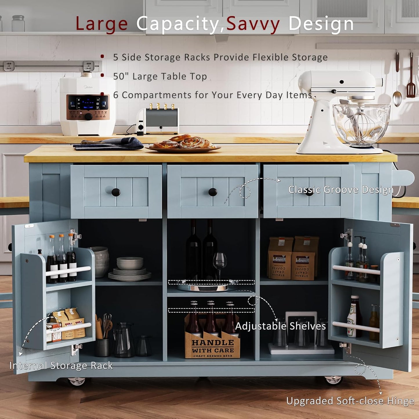53" Large Kitchen Island Set with 2 Bar Stools, Power Outlet & Storage, Drop Leaf, 3 Drawers & 5 Open Racks, Grey Blue
