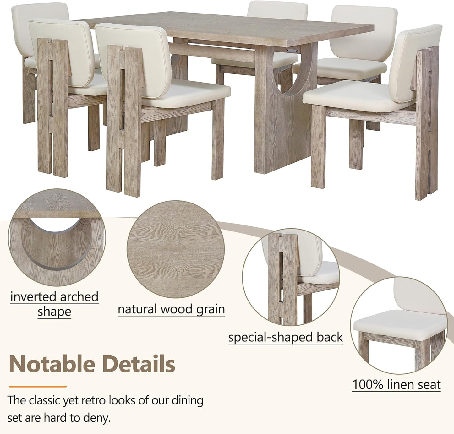 Ball & Cast 7-Piece Dining Table Set for 6 People, 59" Wood Dining Kitchen Table & Chairs Set, Dining Room Table with Trestle Base and 6 Upholstered Chairs, Perfect for Dining Room,Natural Wood Wash