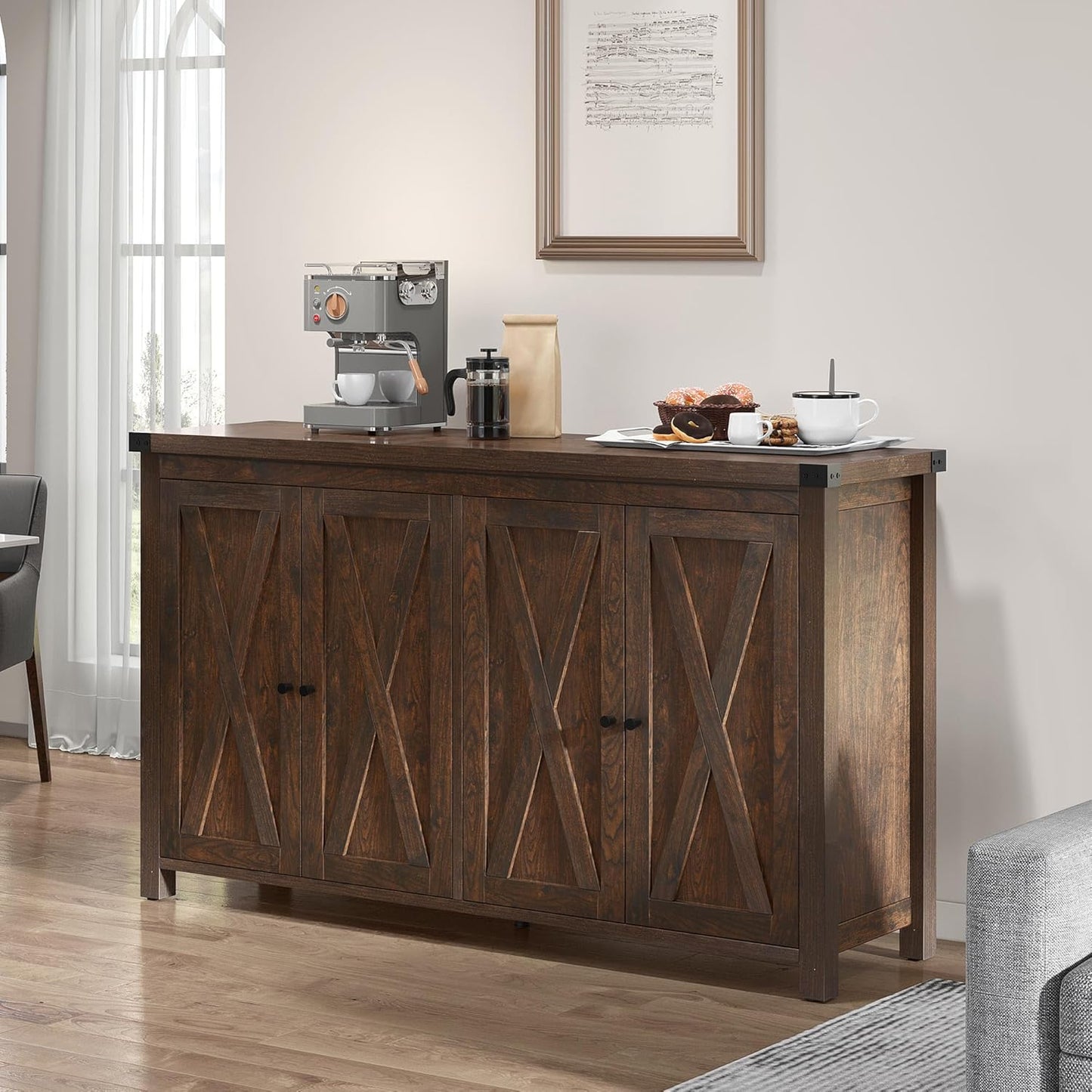 YITAHOME 55'' Buffet Cabinet with Storage, Farmhouse Sideboard Cabinet Coffee Bar Cabinets with Barn Doors ＆ Adjustable Shelves for Kitchen, Living Room, Brown