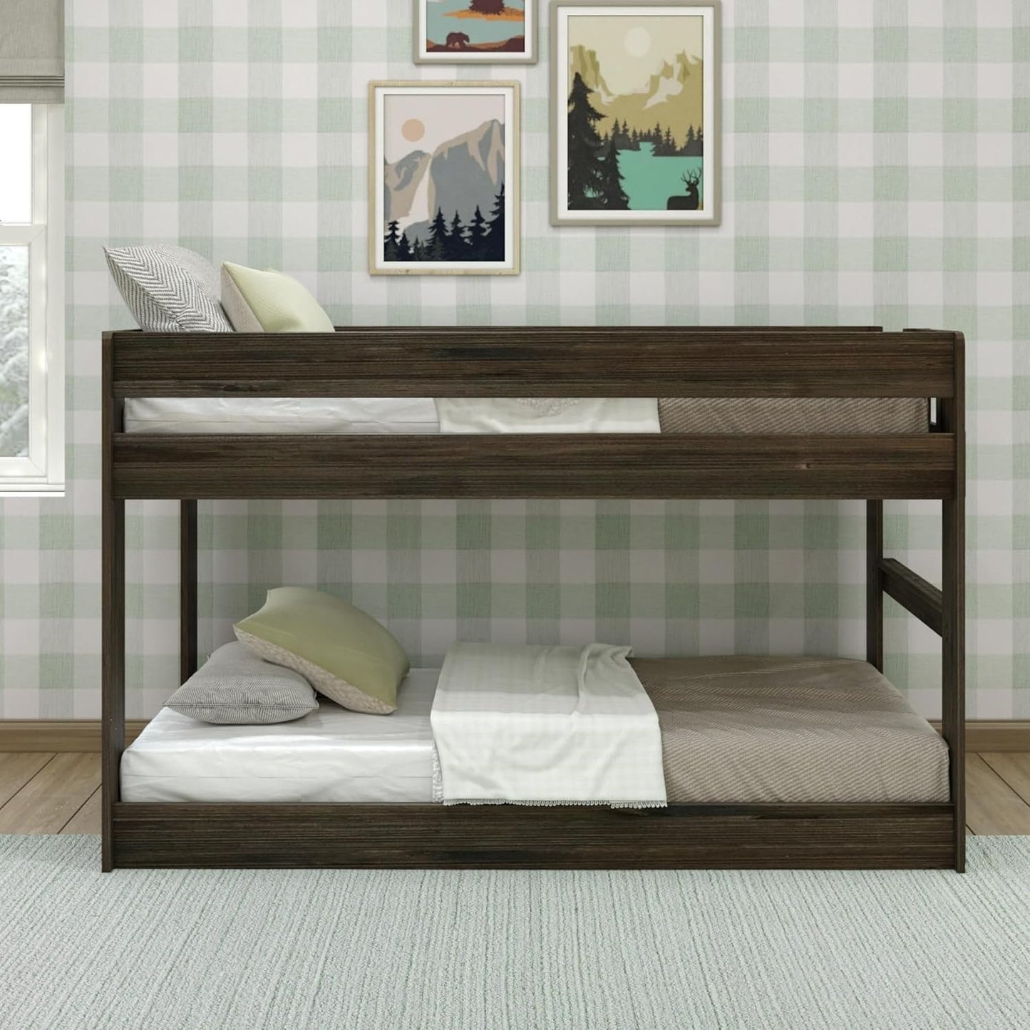 Max & Lily Modern Farmhouse Low Bunk Bed, Twin-Over-Twin Bed Frame For Kids, Barnwood Brown