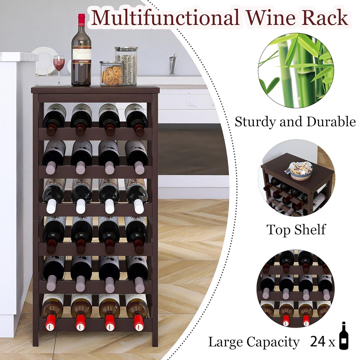 Bamboo Wine Rack, 24 Bottles Wine Display Storage Shelves with Table Top, 6 Tier Wobble-Free Floor Free Standing Table Wine Organizer, Brown