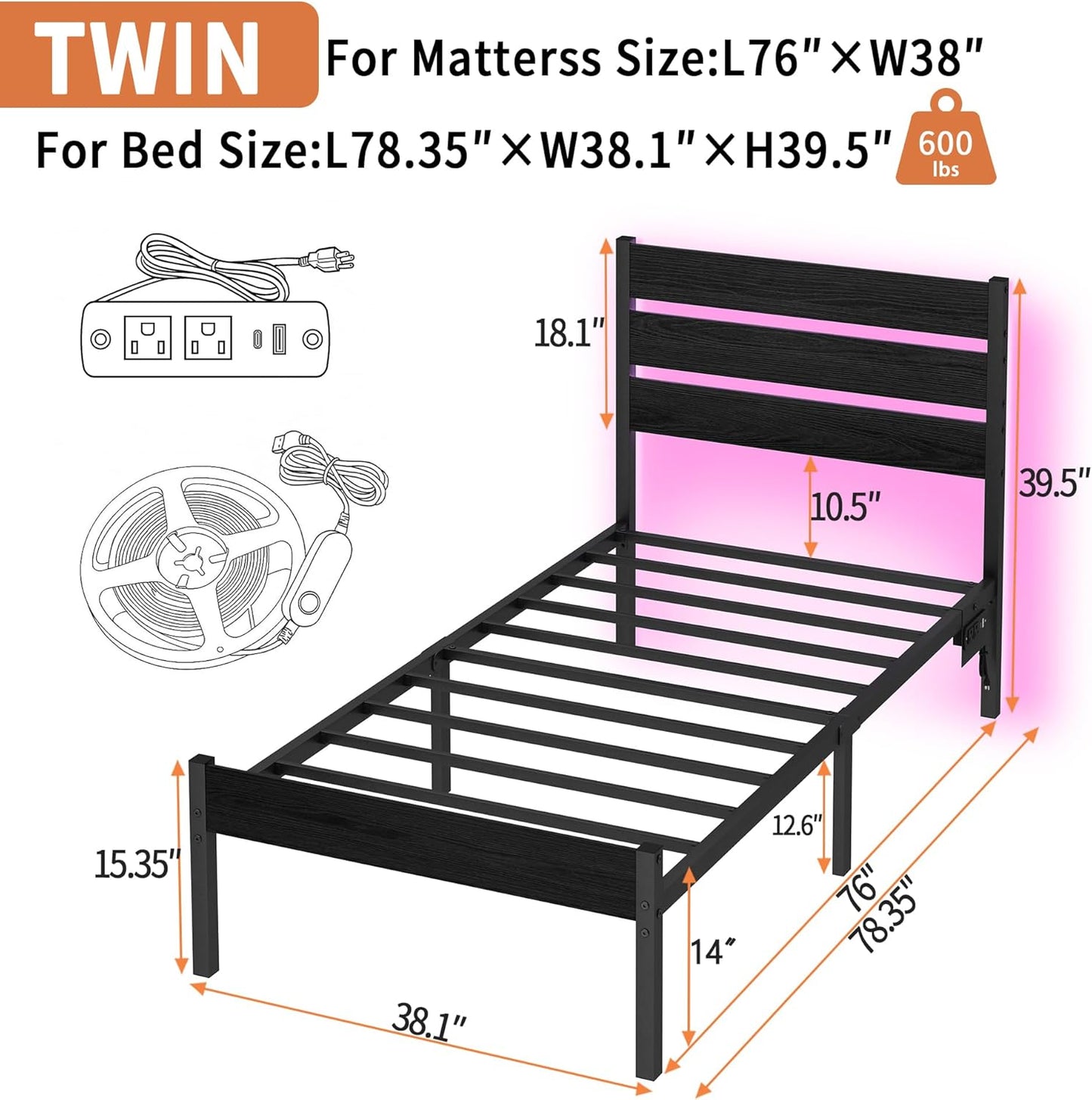 Twin Bed Frame with Headboard,Heavy Duty LED Bed Frame with USB Charging Station,Mattress Foundation-Under Bed Storage, No Box Spring Needed, Noise Free，Black