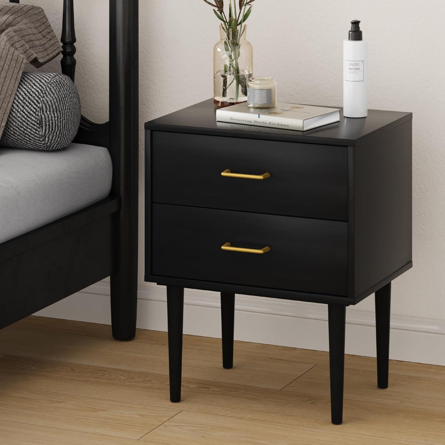 Black Nightstand with 2 Drawers, Modern Night Stand Black, Wooden Night Stands for Bedroom, Bed Side Table, End Table, Gold Handle 26 Inch Tall, Large Size