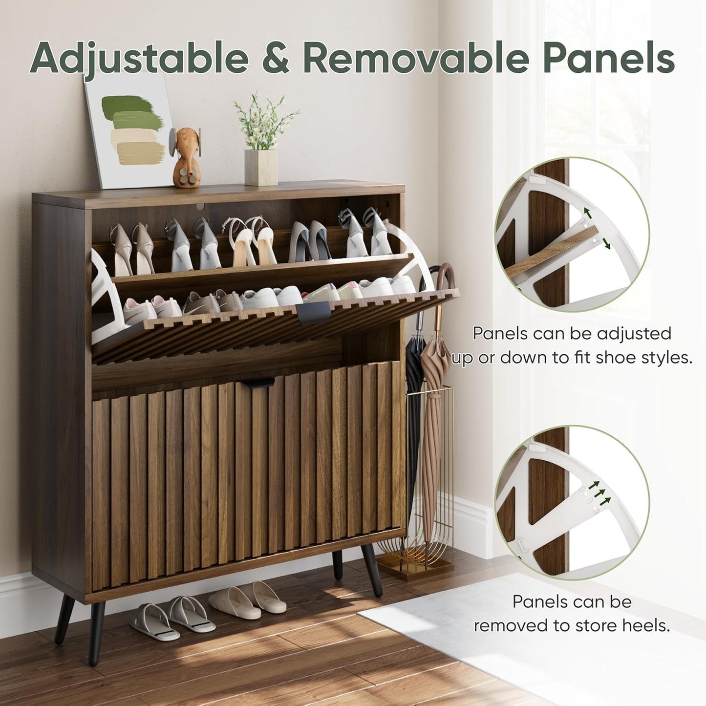 Smuxee Shoe Cabinet with 2 Flip Drawers, 31.5" Walnut Hidden Shoe Storage Cabinet with Fluted Design, Freestanding Shoe Organizer Cabinet for Entryway, Hallway, Closet, Living Room