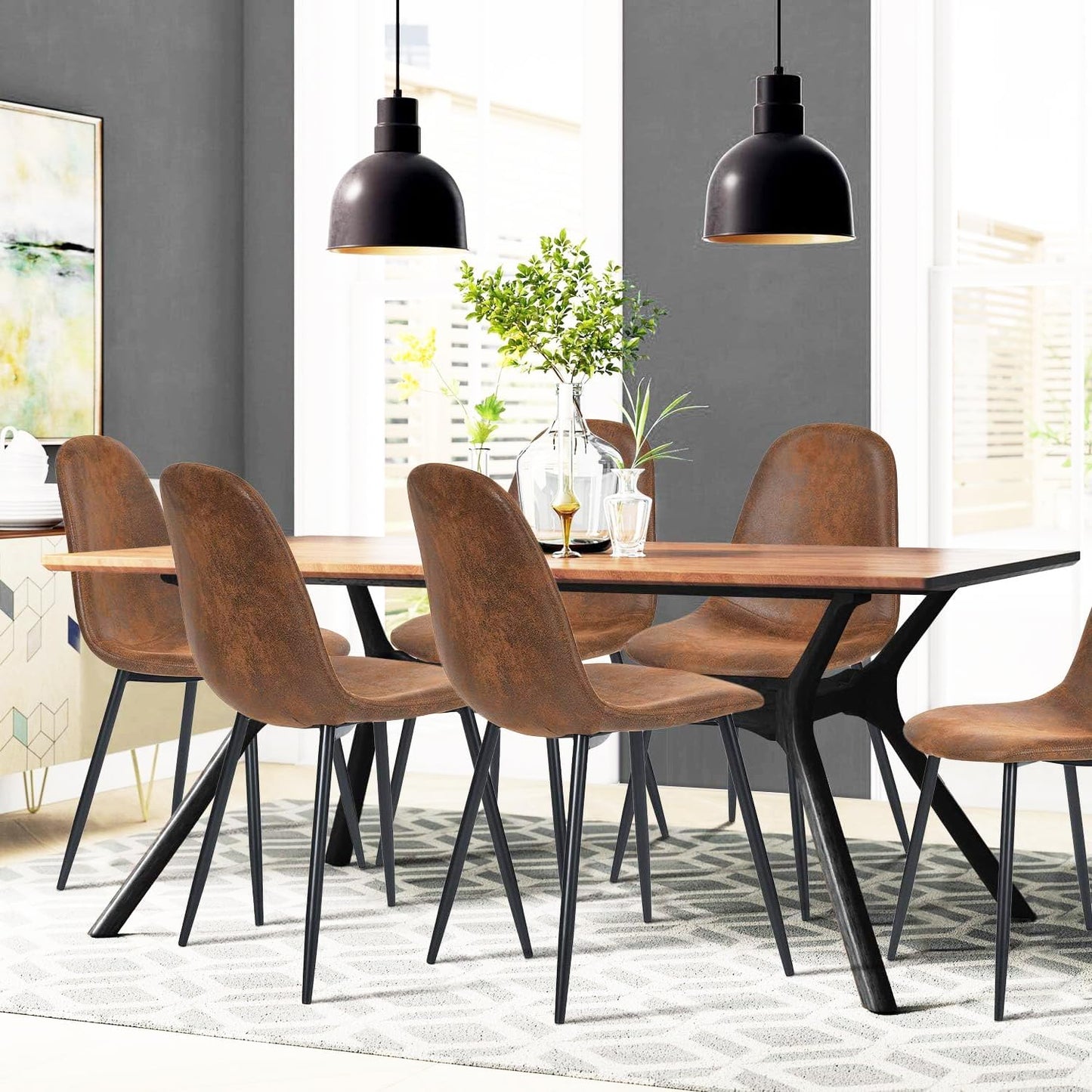 FurnitureR Dining Chairs Set of 6, Fabric Suede Dining Room Side Seating, Kitchen Chairs Mid-Back with Metal Legs for Living Room, Restarant, Cafe, Brown