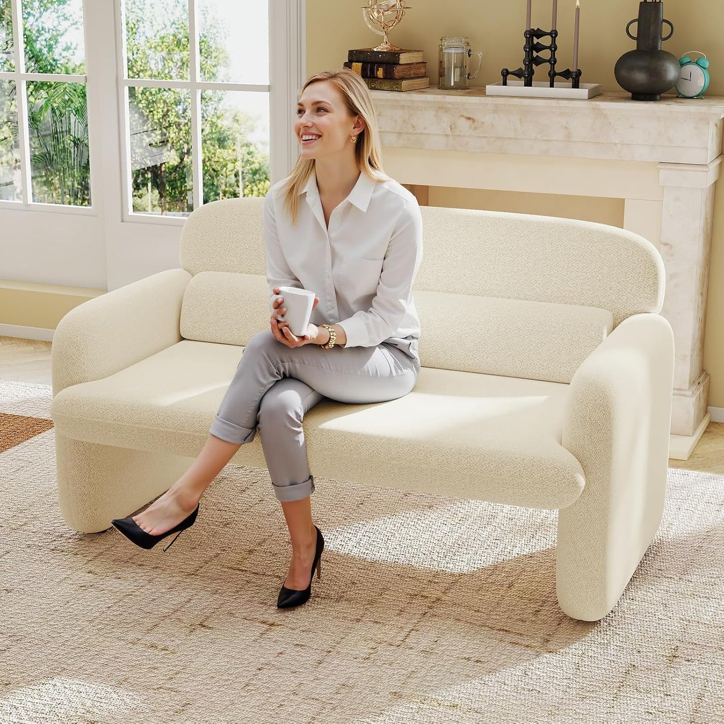 Furnimart Modern Loveseat Sofa, 54" 2-Seater Boucle Sofa, Comfy Upholstered Minimalist Couch, Small Couches for Small Spaces, Apartment, Office, Living Room, Bedroom, Dorm, Chenille White