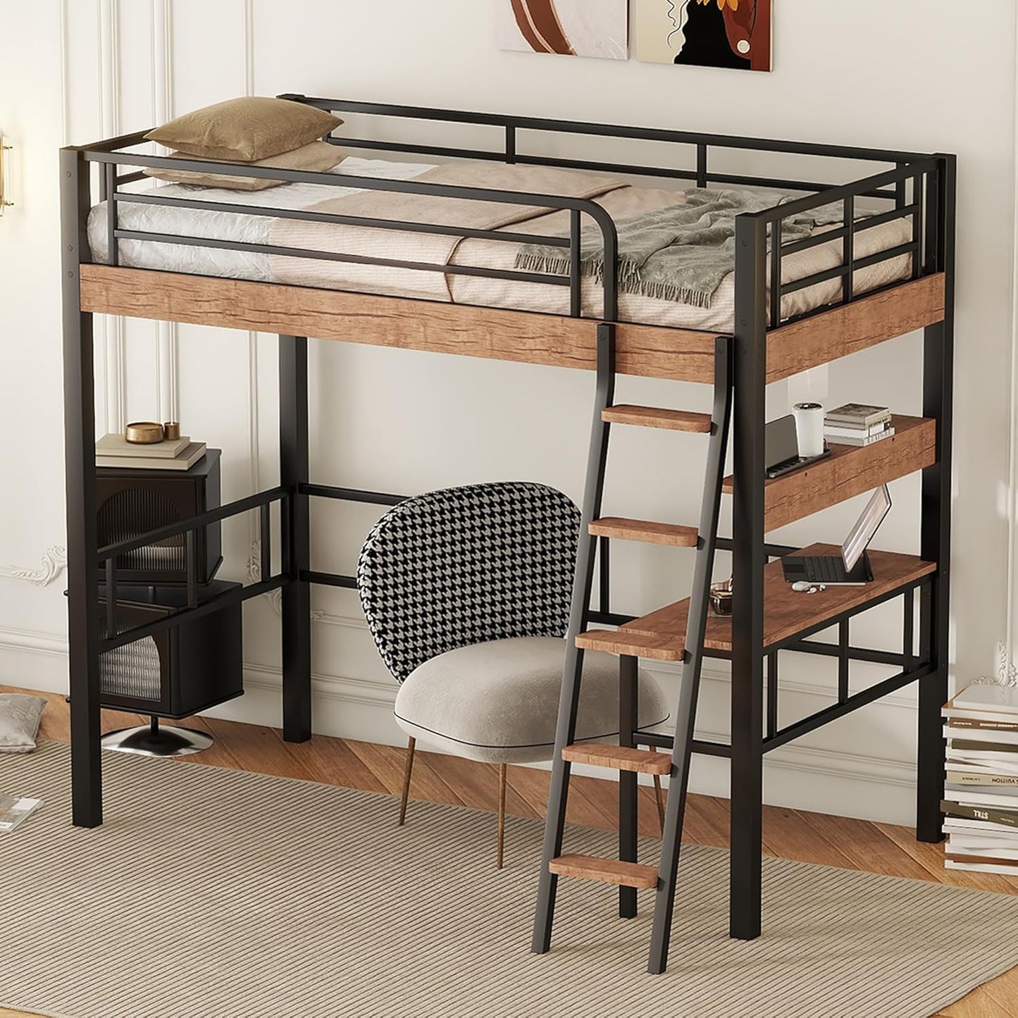 Metal Twin Size Loft Bed with Built-in Desk,Storage Shelf and Ladder,Full-Length Guardrails and Secured Metal Slats, High LoftBed W/Large Storage Space for Kids Teens Adults Bedroom,Black