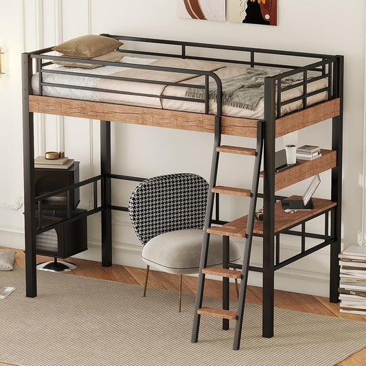 Metal Twin Size Loft Bed with Built-in Desk,Storage Shelf and Ladder,Full-Length Guardrails and Secured Metal Slats, High LoftBed W/Large Storage Space for Kids Teens Adults Bedroom,Black
