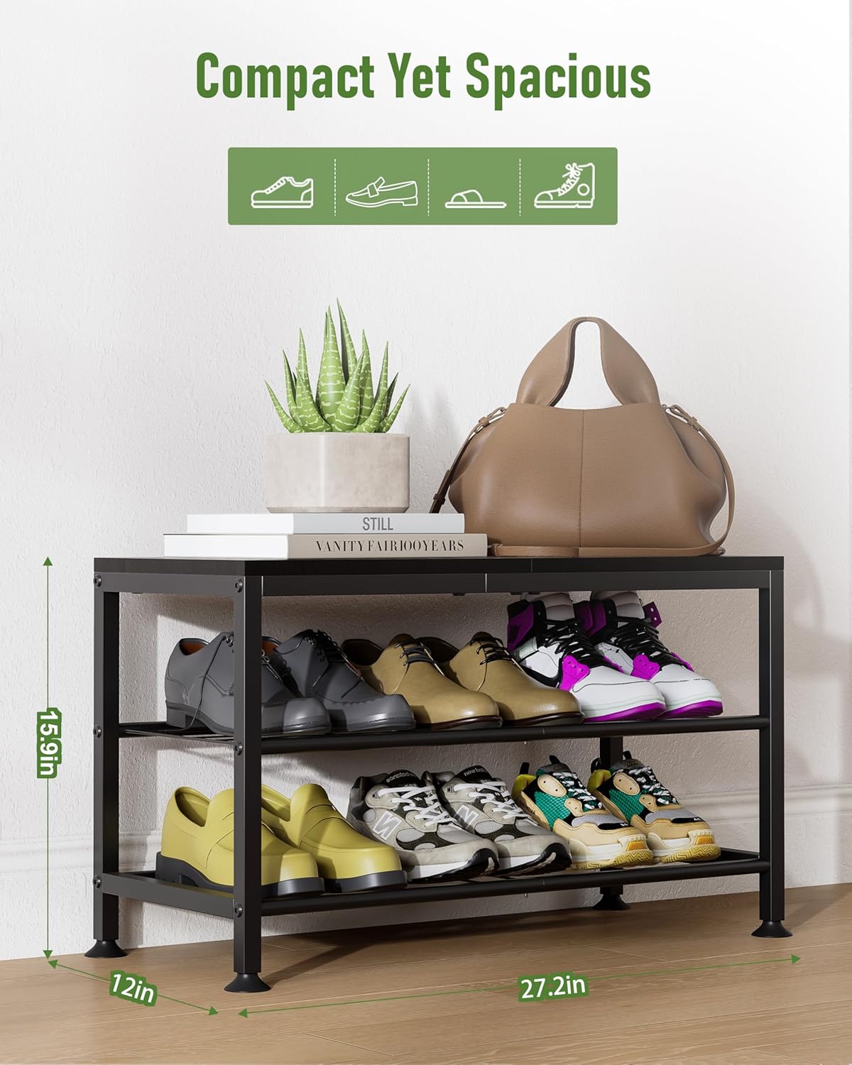 3-Tier Shoe Rack Bench - Entryway Organizer with Shoe Storage, Sturdy Shoe Shelf for Front Door, Small Space Saving Furniture, Black, Holds 286lbs,27.2" x 12.0" x 15.9"