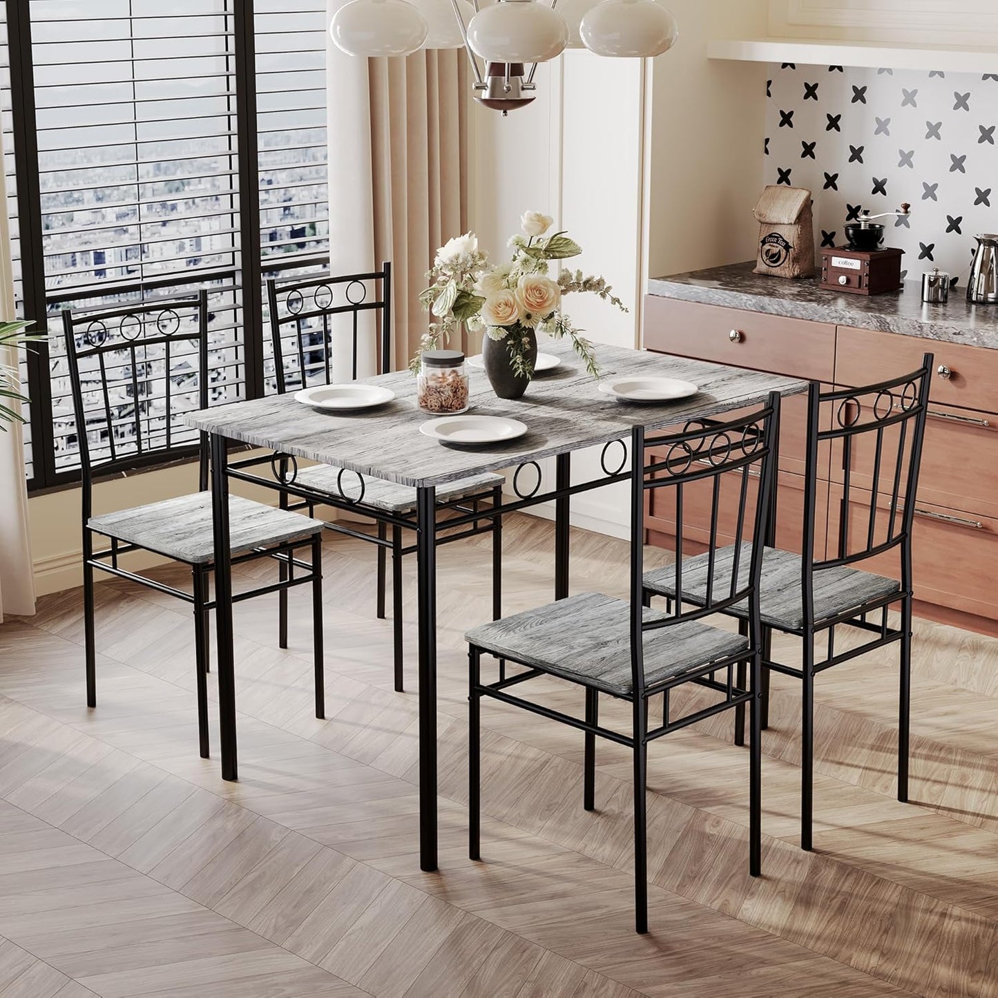 5 Piece Dining Table Set, Modern Metal&Wood Kitchen Dinner Table with 4 Chairs, Dining Room Table Sets for Small Spaces, Gray