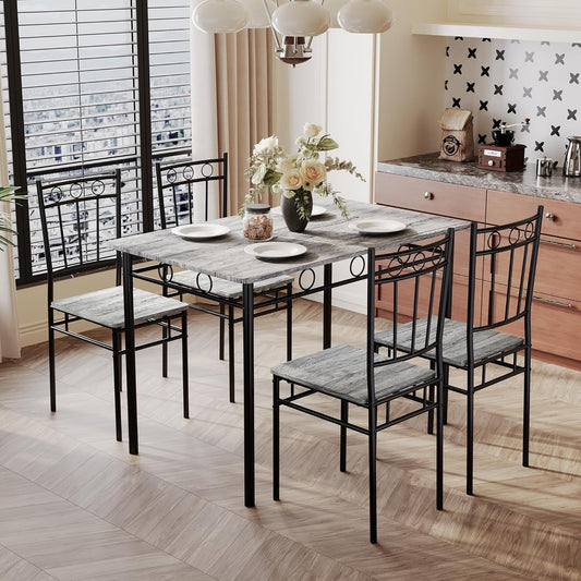 5 Piece Dining Table Set, Modern Metal&Wood Kitchen Dinner Table with 4 Chairs, Dining Room Table Sets for Small Spaces, Gray