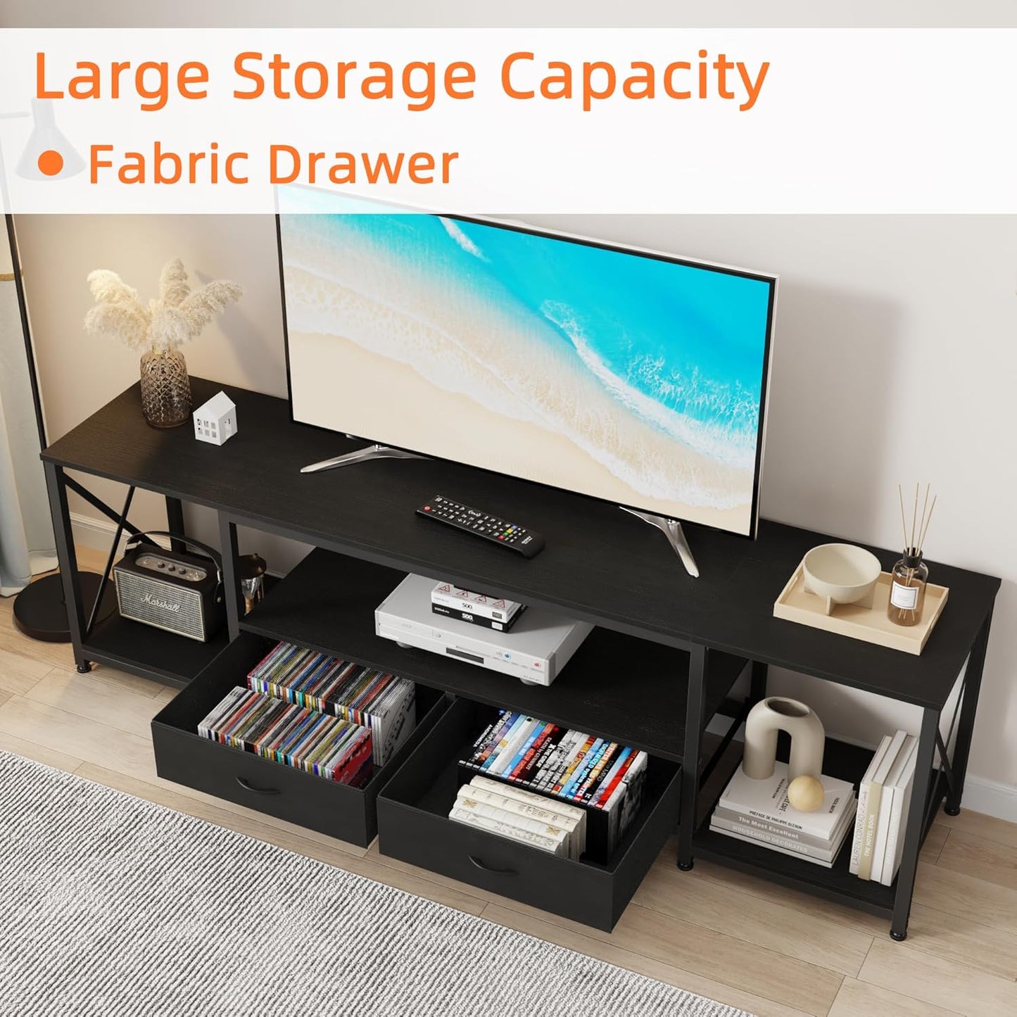 TV Stand with Fabric Drawers for 75 80 Inches TV - Entertainment Center and Industrial TV Console Table with Open Storage Shelves for Living Room, Bedroom- 71.5" Black