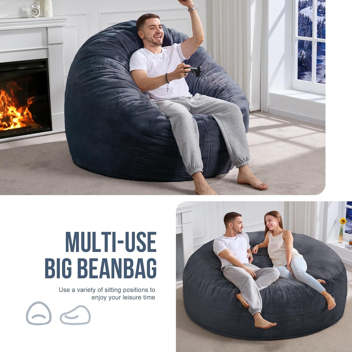 Hobestluk 6ft Bean Bag Chairs for Adults Large Beanbag Chair with Plush Faux Fur Cover Big Bean Bag Chair for Living Room Bedroom Dorm Office - Dark Grey (70" x 70" x 15")