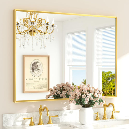 TETOTE Brushed Gold Bathroom Mirror for Over Sink 48" x 36" Large Brass Gold Beveled Framed Rectangular Vanity Mirror for Bathroom, Bedroom, Entryway, Living Room, Tempered Glass, Stronger Frame