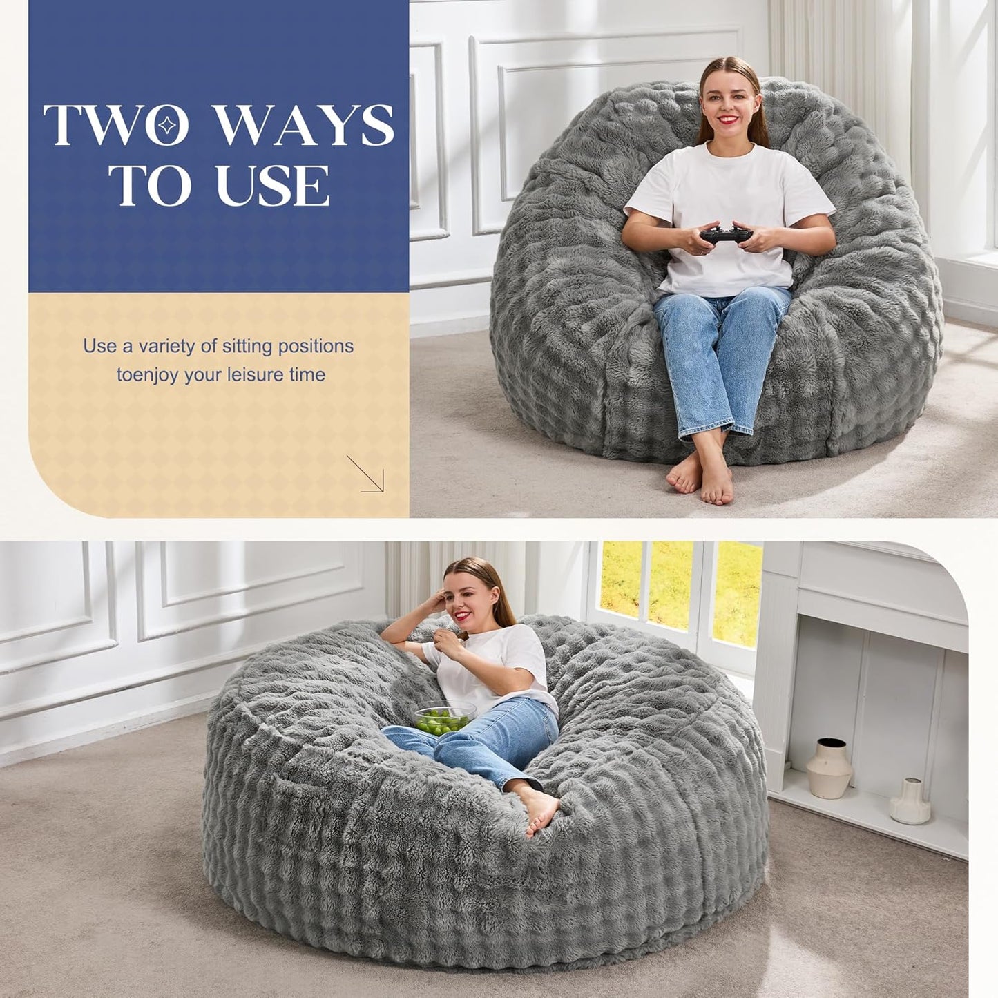 Hobestluk Bean Bag Chairs 5ft Beanbag Chair with Filler Adult Bean Bags with Fluffy & Machine Washable Cover, Giant Bean Bag Chairs for Adults (Grey, 5FT-50" x 50" x 24")