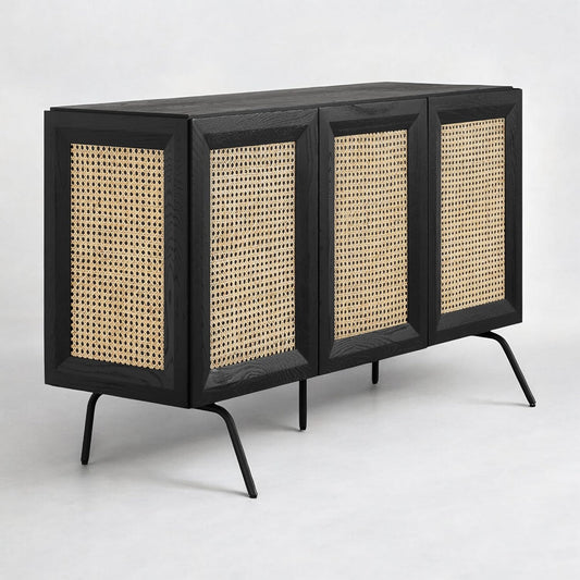 NTC MOSSIC Modern Sideboard with 3 Doors, Natural Rattan Storage Cabinet, Buffet with Metal Legs, Boho Accent Cabinet for Living Room, and Entryway, Effortless Assembly - Burnt Black