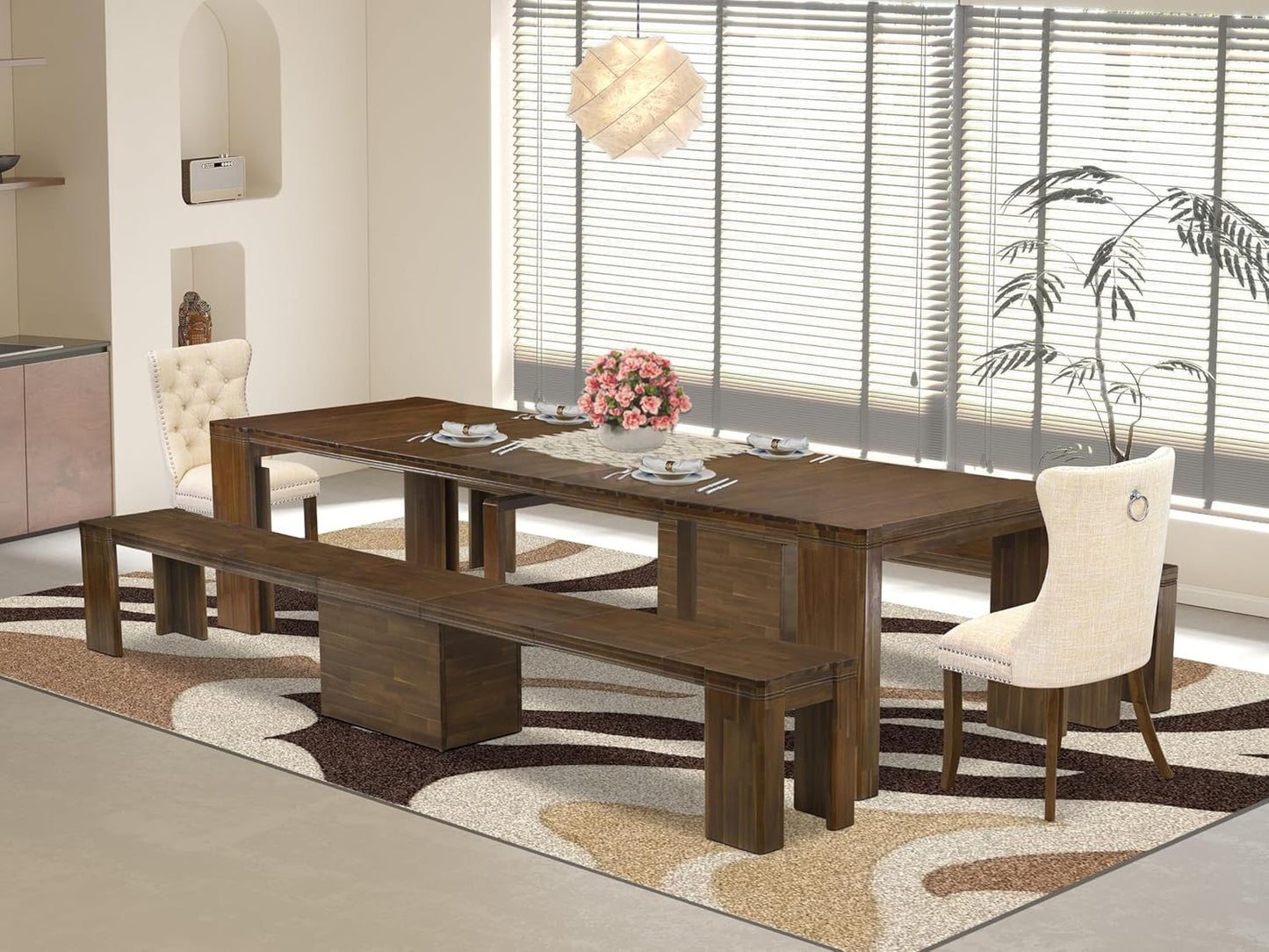 X02DA-208-32 5-Pc Mid Century Dining Table Set contains an Extendable Rectangle Kitchen Table, 2 Polyester Dining Chairs and 2 Modern Benches, 39x120 Inch, Antique Walnut