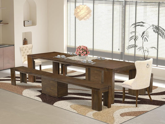 X02DA-208-32 5-Pc Mid Century Dining Table Set contains an Extendable Rectangle Kitchen Table, 2 Polyester Dining Chairs and 2 Modern Benches, 39x120 Inch, Antique Walnut