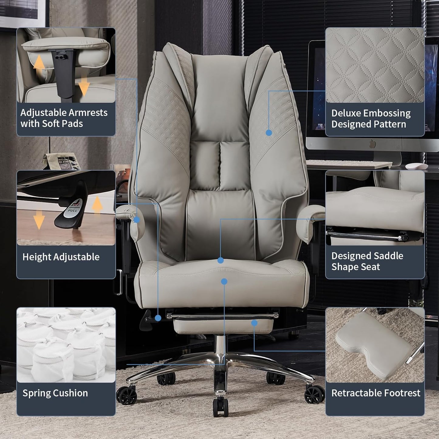 Big and Tall Office Chair 400lbs Wide Seat, Leather High Back Executive Office Chair with Foot Rest, Ergonomic Chairs Lumbar Support for Lower Back Pain Relief (Light Grey)