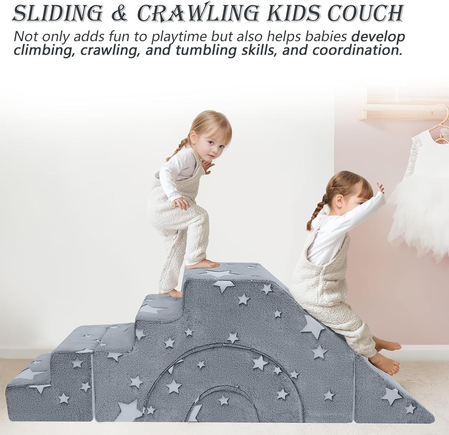 MeMoreCool Foam Climbing Toddler Couch, Modular Kids Sofa with Slide & Stair, Convertible Baby Couch for Playroom, Sectional Furniture for Crawling, Climbing, and Kids’ Play