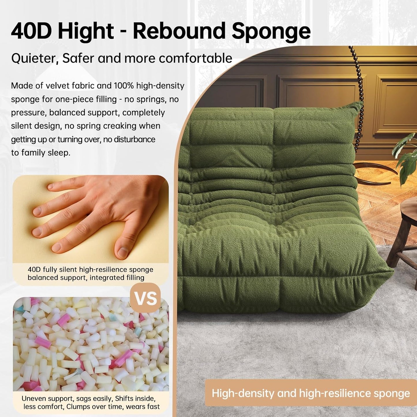 Bean Bag Chairs for Adults, Memory Foam Couch Loveseat Sofa Chair, Soft Teddy Material Cozy Comfy Reading Nook Chairs, Floor Chair for Living Room Bedroom Office(Green)