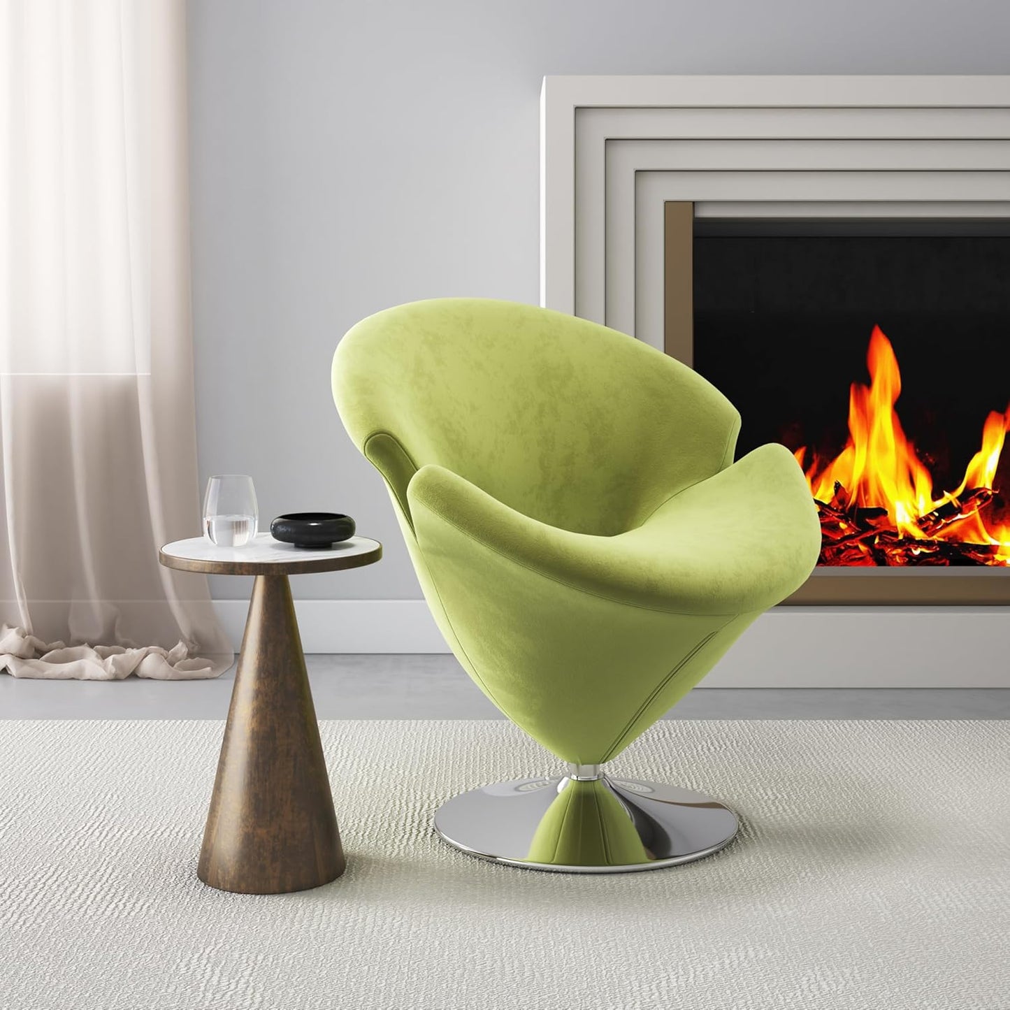 Manhattan Comfort Tulip Swivel Accent Chair with 360° Turn, Modern Flower Inspired Design, Soft Velvet Upholstery, Polished Chrome Base, No Assembly Required, 300 Lbs Capacity, Green
