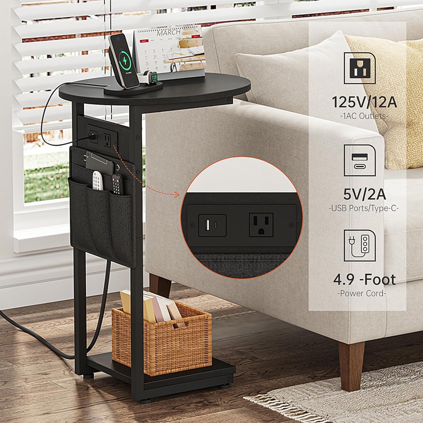 Vagusicc C Shaped End Table with Charging Station, Small Side Table for Couch, TV Tray Slide Under Sofa Table for Living Room Bedroom, Round Couch Side Table C Table for Sofa, Black