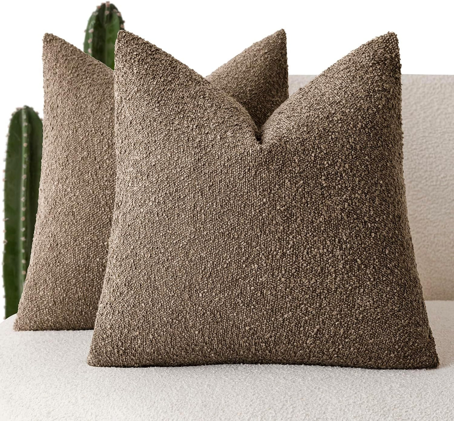 Foindtower Pack of 2, Decorative Textured Boucle Throw Pillow Covers Neutral Accent Solid Pillow Cases Cozy Soft Couch Cushion Case for Chair Sofa Bedroom Living Room Home Decor 22x22 Inch Light Brown