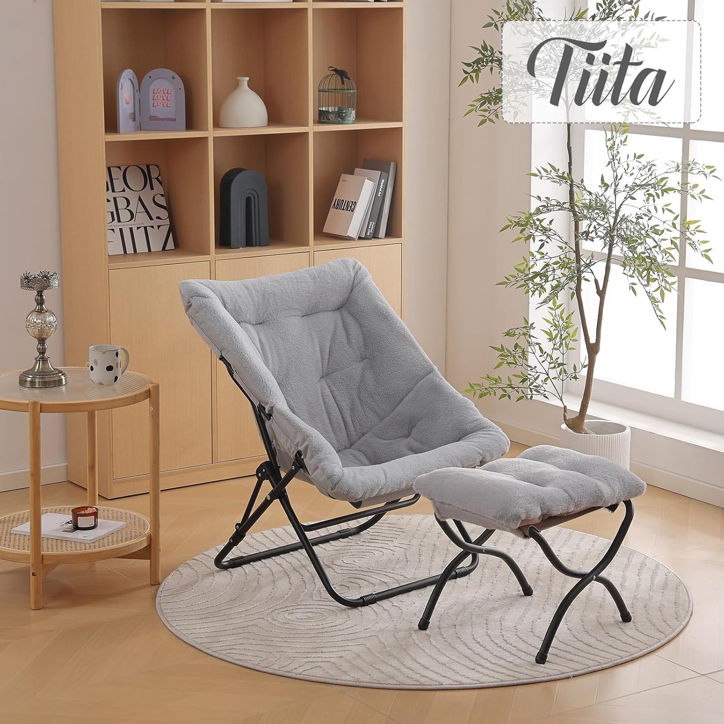 Tiita Folded Chair with Ottoman, Soft Faux Fur Oversized Folding Accent Chair,Lounge Lazy Chair, Metal Frame Moon Chair for Bedroom, Living Room, Dorm Rooms, Garden and Courtyard