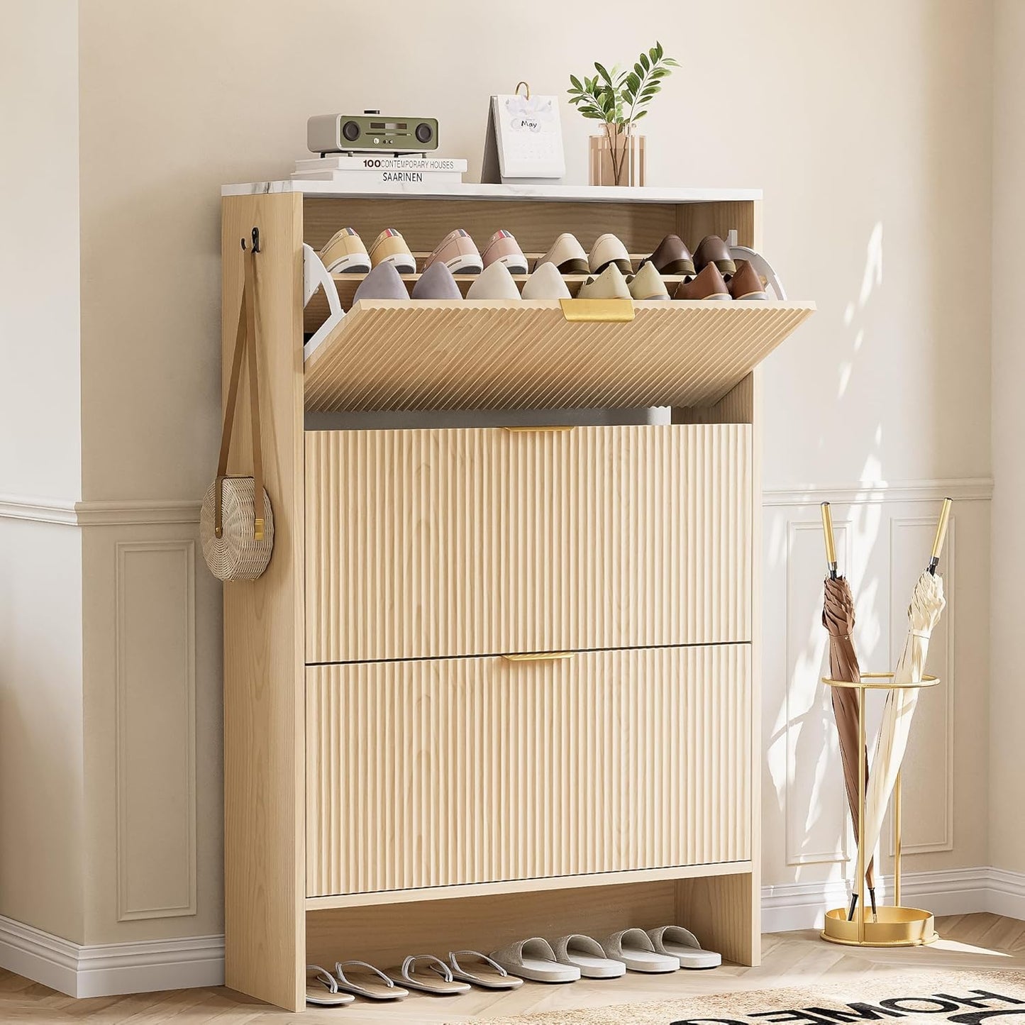 IRONCK Shoe Storage Cabinet with 3 Flip Drawers, Fluted Shoe Cabinet Storage for Entryway, Free Standing Wooden Shoe Organizer Cabinet for Hallway, Natural Oak