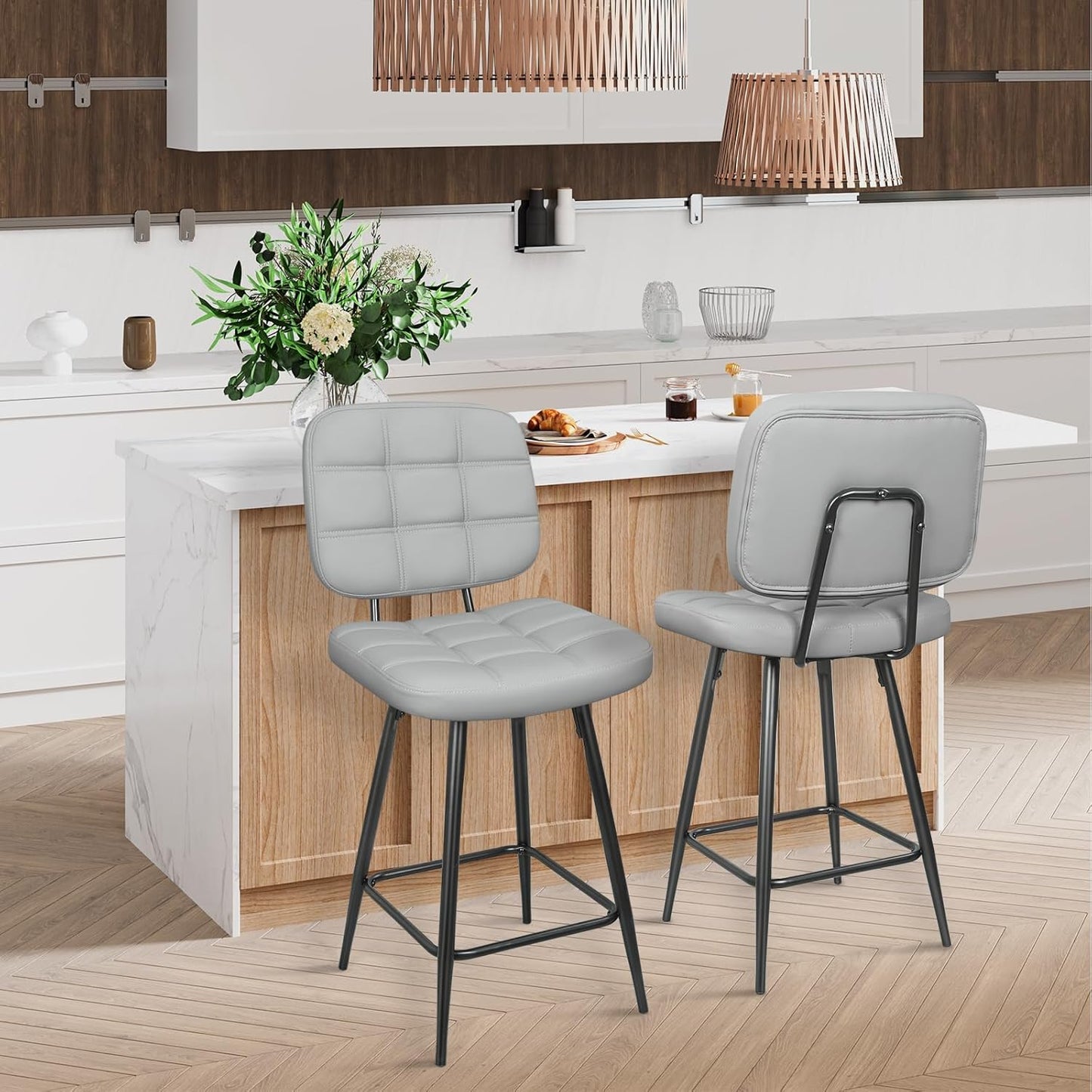 Bar Stools Set of 2, 24 Inch Upholstered Metal Barstool with Back and Footrest, Bar Chair with Metal Base for Dining Room Counter Island, Light Grey
