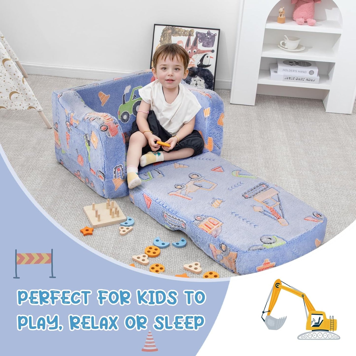 Comfy Toddler Chair and Couch for Kids with Blanket,2-in-1 Soft Plush Fold Out Toddler Couch for Girls and Boys,Convertible Sofa to Lounger for Playroom,Car Excavator