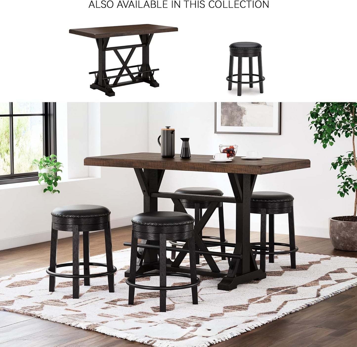 Signature Design by Ashley Valebeck Casual Round Faux Leather Upholstered Backless Counter Height Bar Stool with Footrest and Nailhead Trim, Black