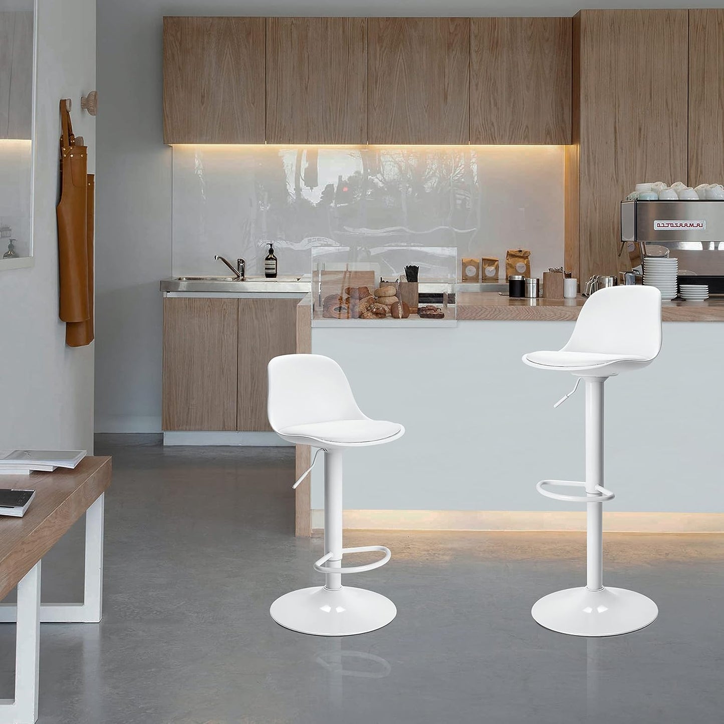 Finnhomy Bar Stools Set of 2, Swivel Barstools with Footrest and Ergonomic PP Back, Counter Height Adjustable Modern Counter Stools for Kitchen, White