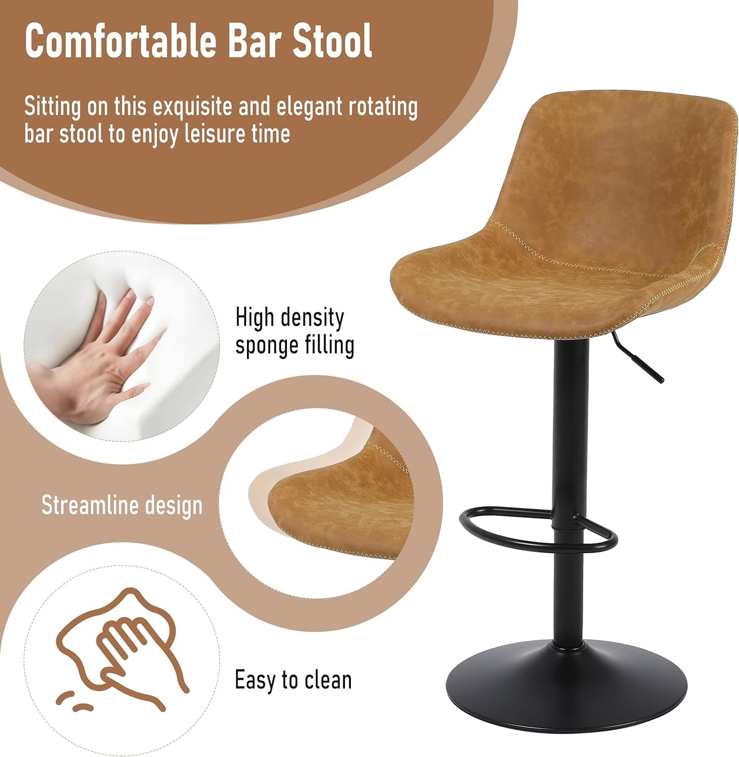 Bar Stools, Swivel Counter Height Barstools with Back, Adjustable Modern Bar Chairs, Tall Armless PU Leather Kitchen Island Stool (Yellow, Set of 4)