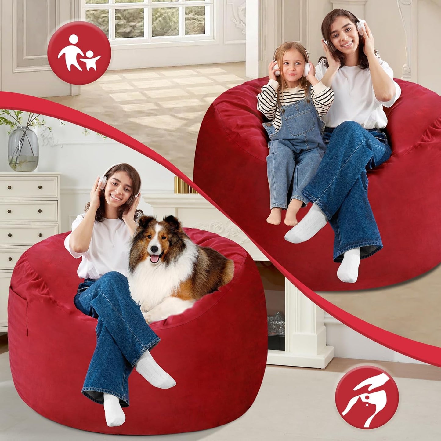 Homguava 4 FT Bean Bag Chair: 4' Bean Bags with Memory Foam Filled, Large Beanbag Chairs Soft Sofa with Dutch Velvet Cover-Red
