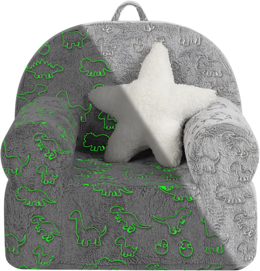 Dinosaur Glow in The Dark Kids Sofa with Star Throw Pillow, High Back Toddler Chair Glow in The Dark for Boys and Girls, Grey