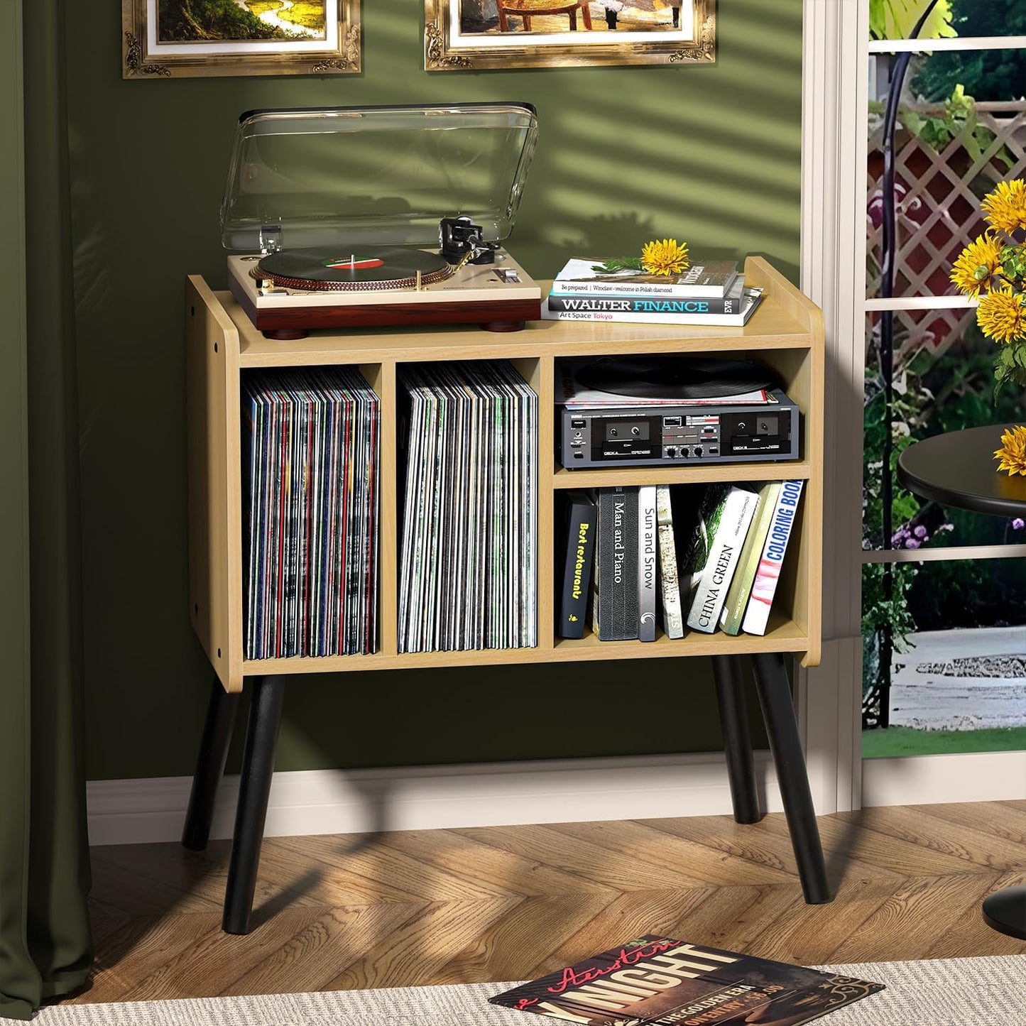 Record Player Table, Mid-Century Record Player Stand with Vinyl Storage Hold Up to 150+ Albums, Vinyl Record Cabinet with Adjustable Shelves, Wood Turntable Stand for Music Living Room (Walnut)