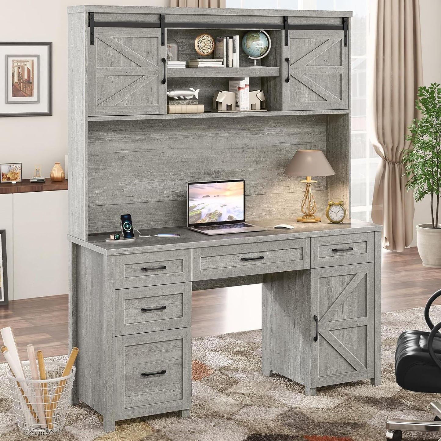 67''H Farmhouse Executive Desk with Hutch & 5 Drawers, Rustic Office Desks Computer Desks with Charging Station, File Drawers and Storage Cabinets, Wood Workspace for Home Office & Study,Grey.