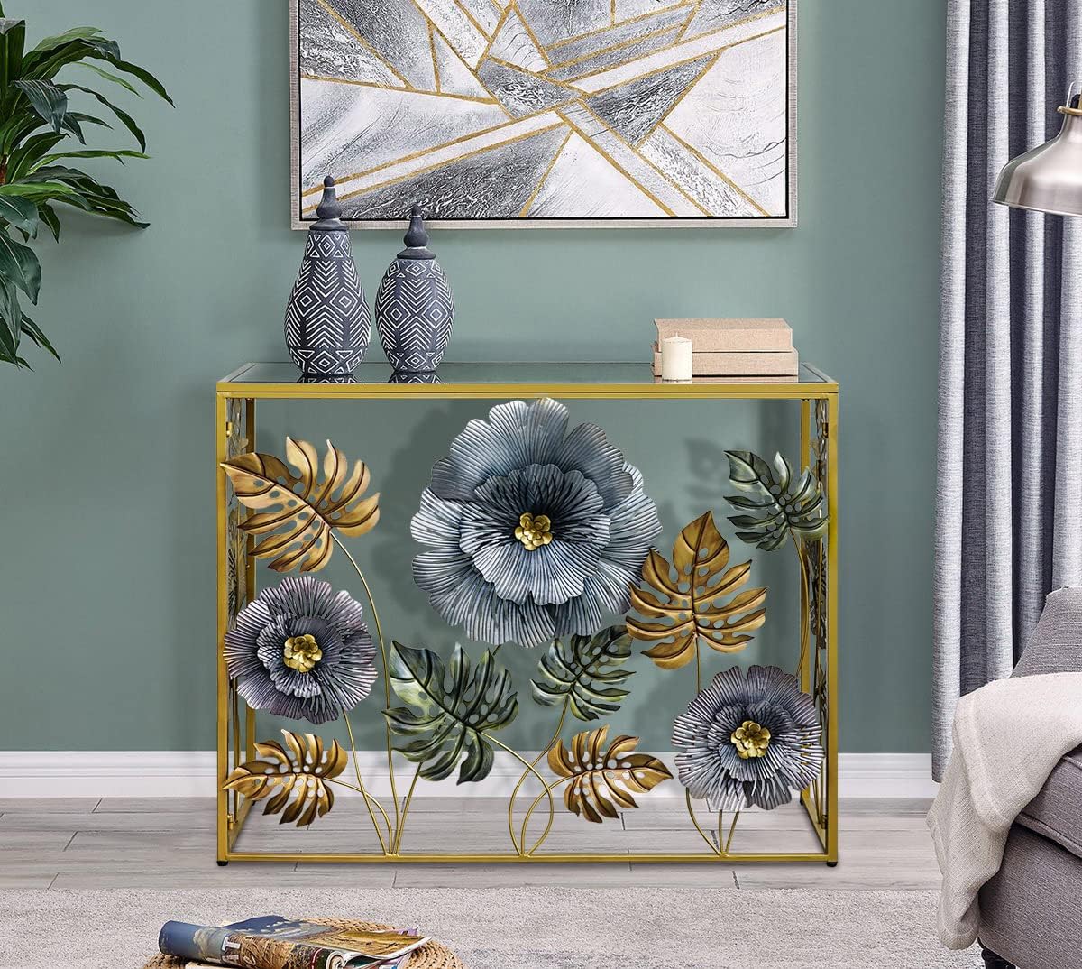 Console Table, Vintage Art Sofa Table with Metal Flower Decor, Narrow Entryway Tables with Glass Mirror Tabletop Behind Sofa, Narrow Accent Table for Entryway Living Room Hallway Bedroom