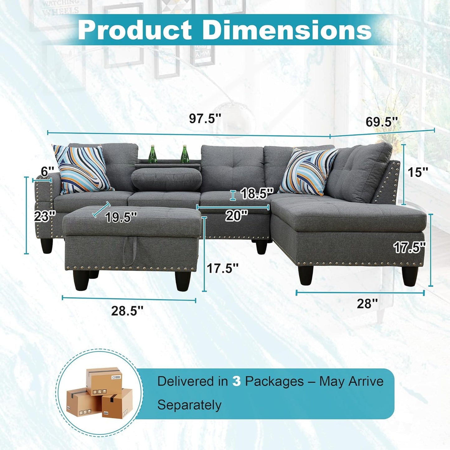 97.5" Oversized Sectional Couch, L Shaped Couch with Storage Ottoman, Modern Modular Sofa with Deep Seat, Sectional Couches for Living Room and Office, Grey (Linen)