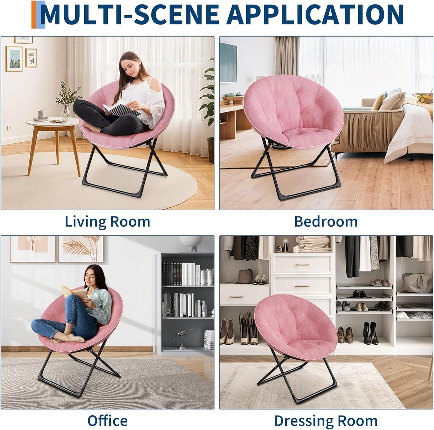 Saucer Chair with Faux Fur Cover - Foldable Moon Chair for Teens & Adults, Large Circle Seat Perfect for Bedroom, Living Room & Playroom, Soft Gaming Chair for Compact Spaces, Pink