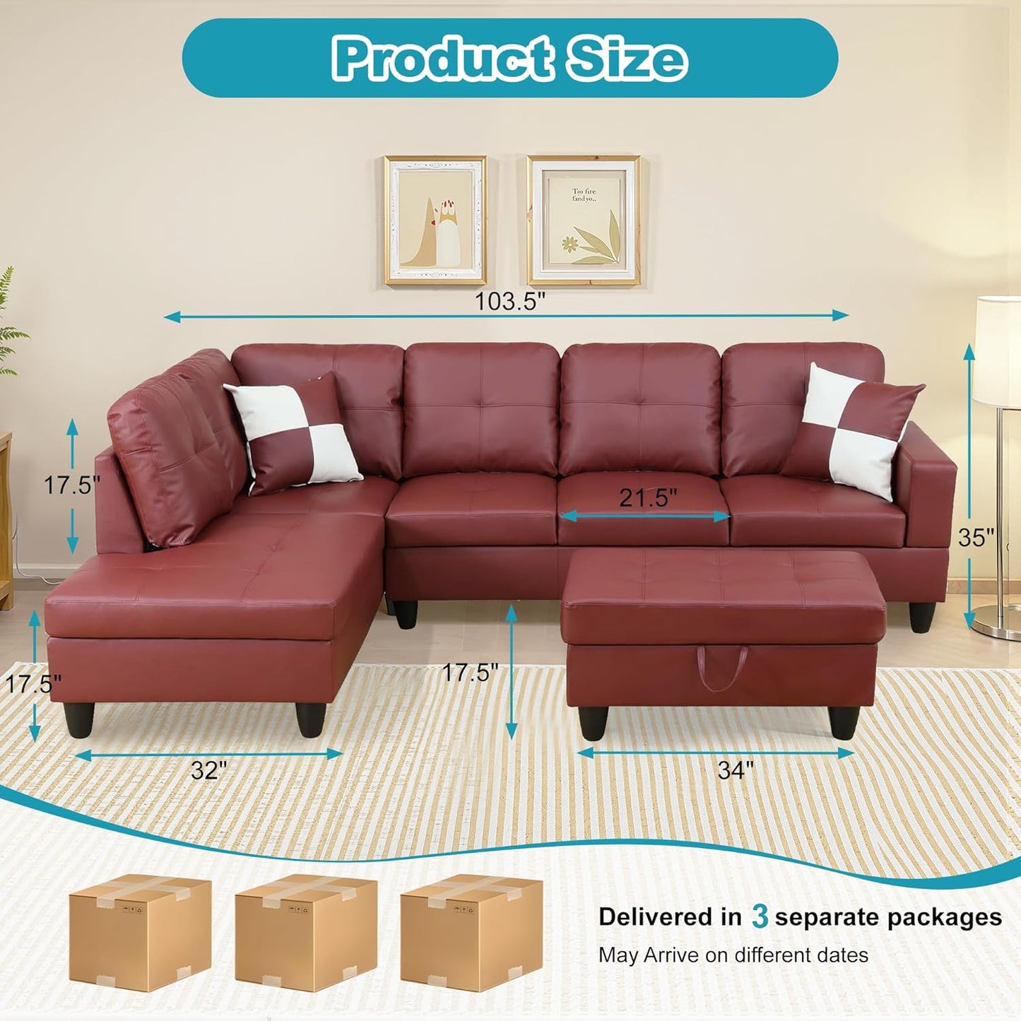 L Shaped Couch Faux Leather Sectional Couch Upholstered 3 Pieces Sofas for Living Room with Chaise, Storage Ottoman for Office and Small Apartment, Dark Red