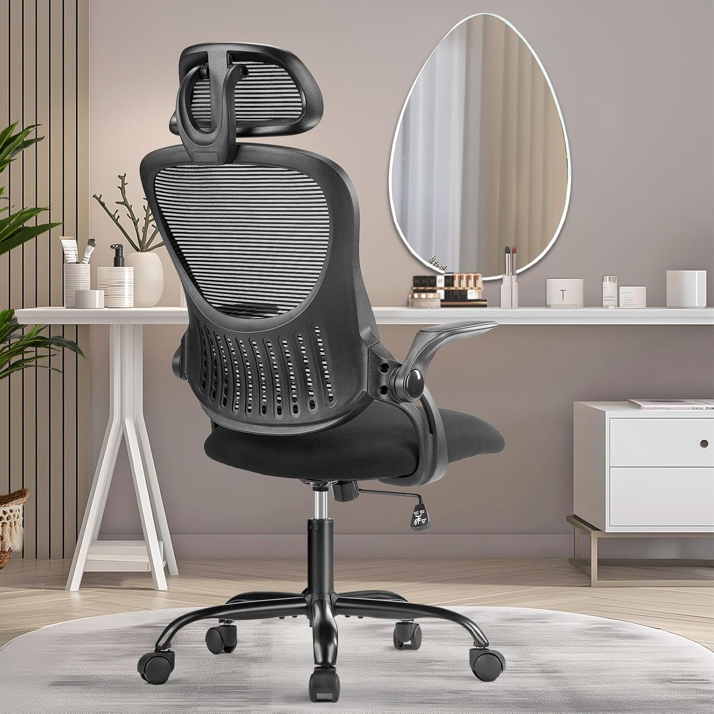 SMUG Office Chair Ergonomic Desk Lumbar Support, Computer Chairs Gaming Mesh with Wheels and Headrests, Flip-up Arm,Adjustable Position for Home, Work, Study, Black