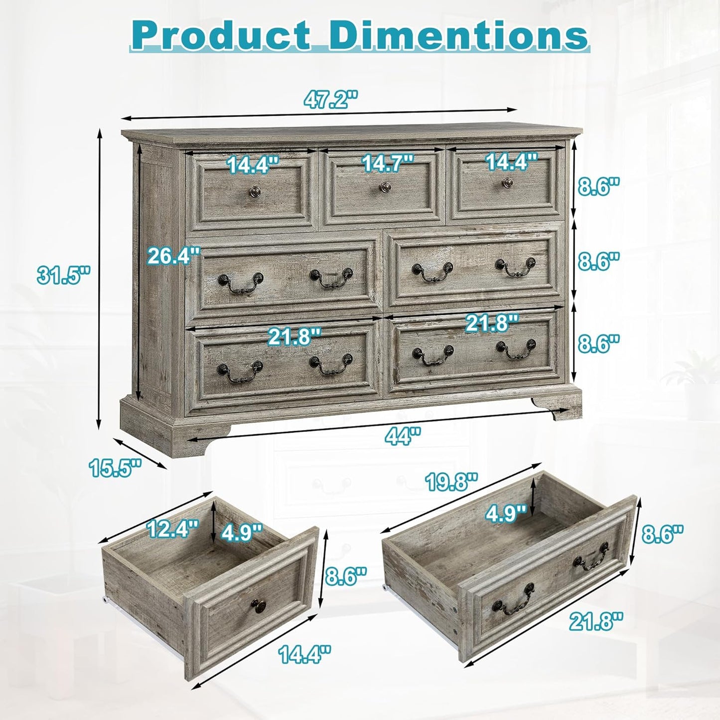 47.2" Farmhouse Sideboard Buffet Cabinet with Storage, Kitchen Buffet Storage Cabinet with 7 Drawers, Modern Wood Accent Sideboard for Living Room, Kitchen, Hallway(Ancient Oak)