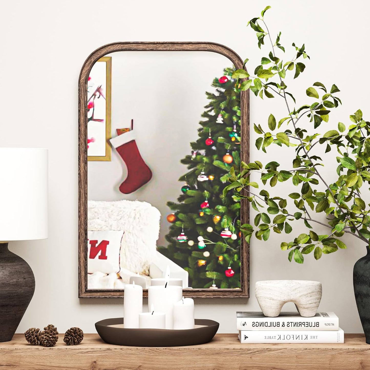 20"x30" Solid Wood Bathroom Mirror Arch Tempered Glass for Wall Mounted, Rustic Wood Frame Wall Mirror Decorative for Living Room Bedroom Vanity Mirror Entryway Mirror, Rustic Brown