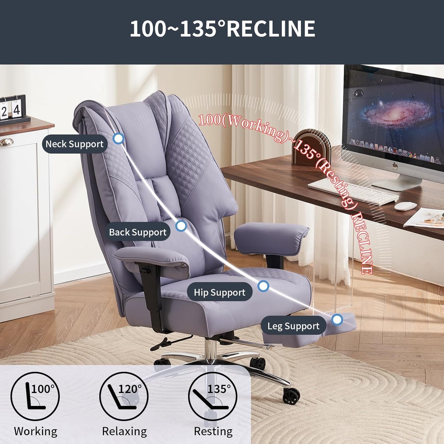 Big and Tall Office Chair 400lbs Wide Seat, Leather High Back Executive Office Chair with Foot Rest, Ergonomic Chairs Lumbar Support for Lower Back Pain Relief (Light Purple)